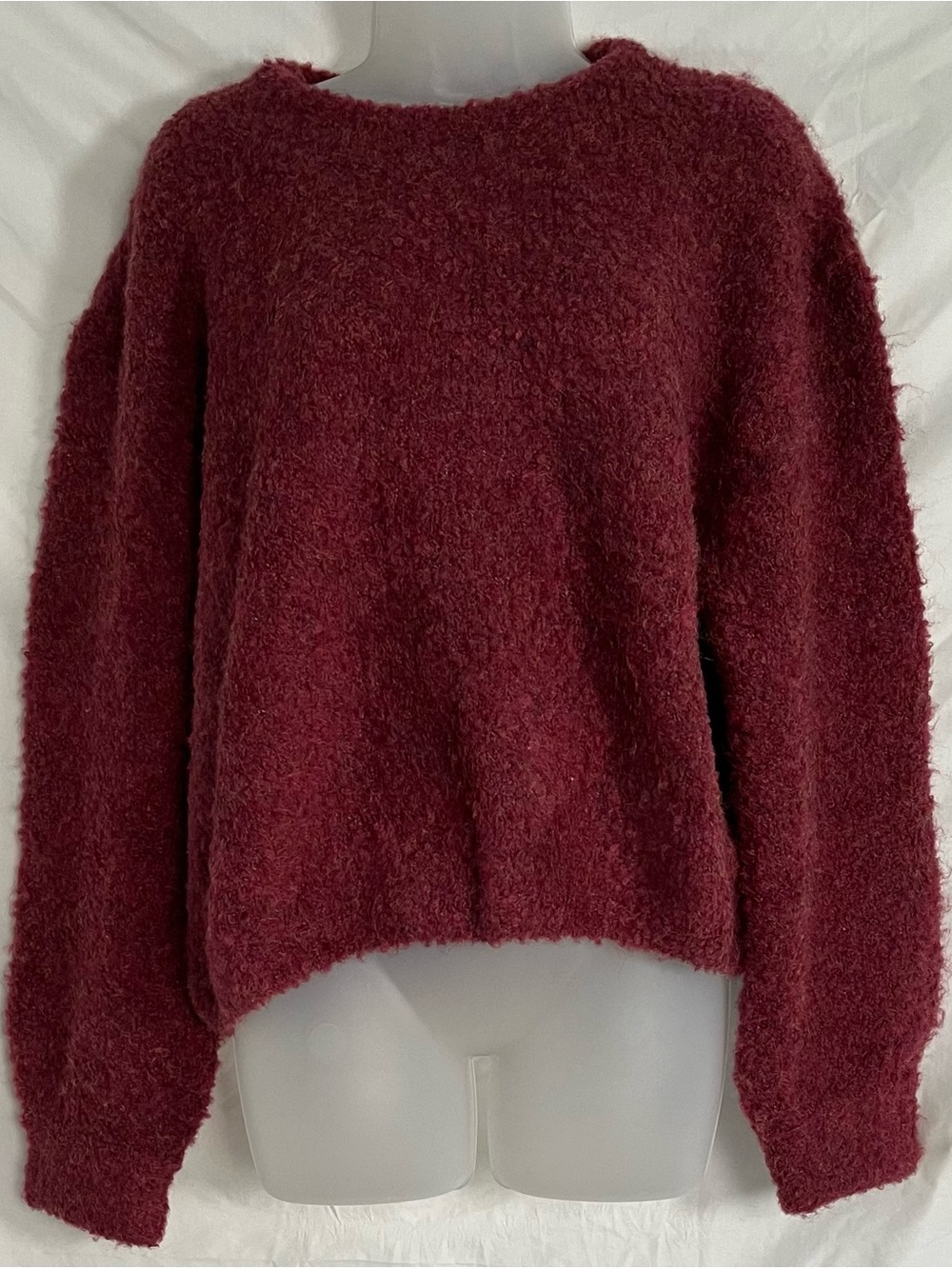 NWT FRNCH Paris Burgundy Fuzzy Eyelash Wool Blend Bouclé Sweater L